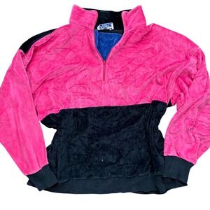 Vintage Starting Point Pink Black Colorblock Velour Quarter Zip Pullover Womens